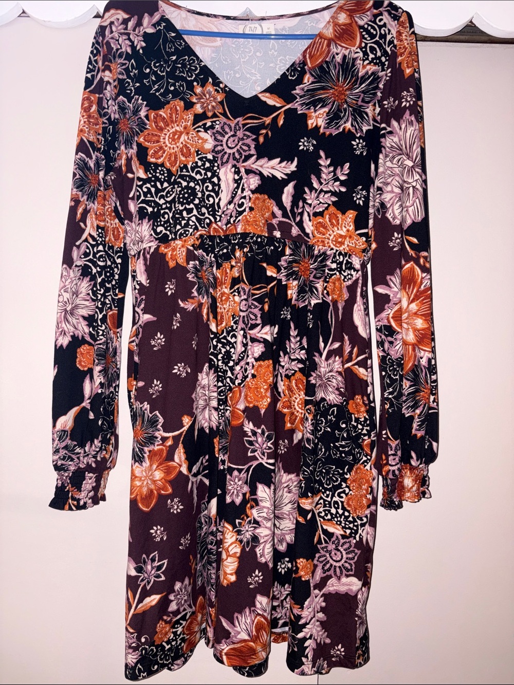 Maurices Floral V-Neck Long Sleeve Dress - Black & Rust
